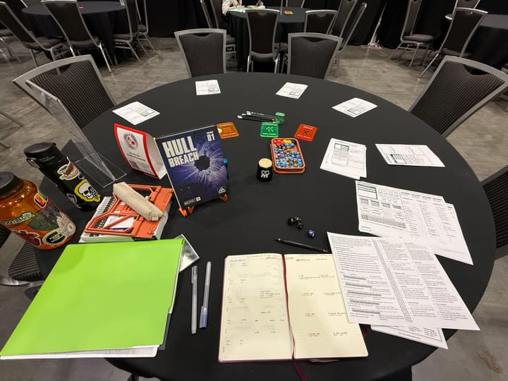 Table spread of my setup for a convention game